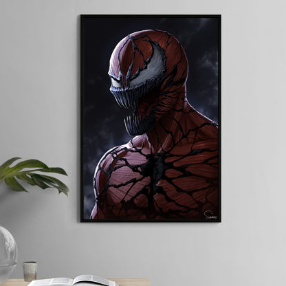 Carnage symbiote portrait with menacing grin, poster print by Sam Dela Torre, Marvel wall art.