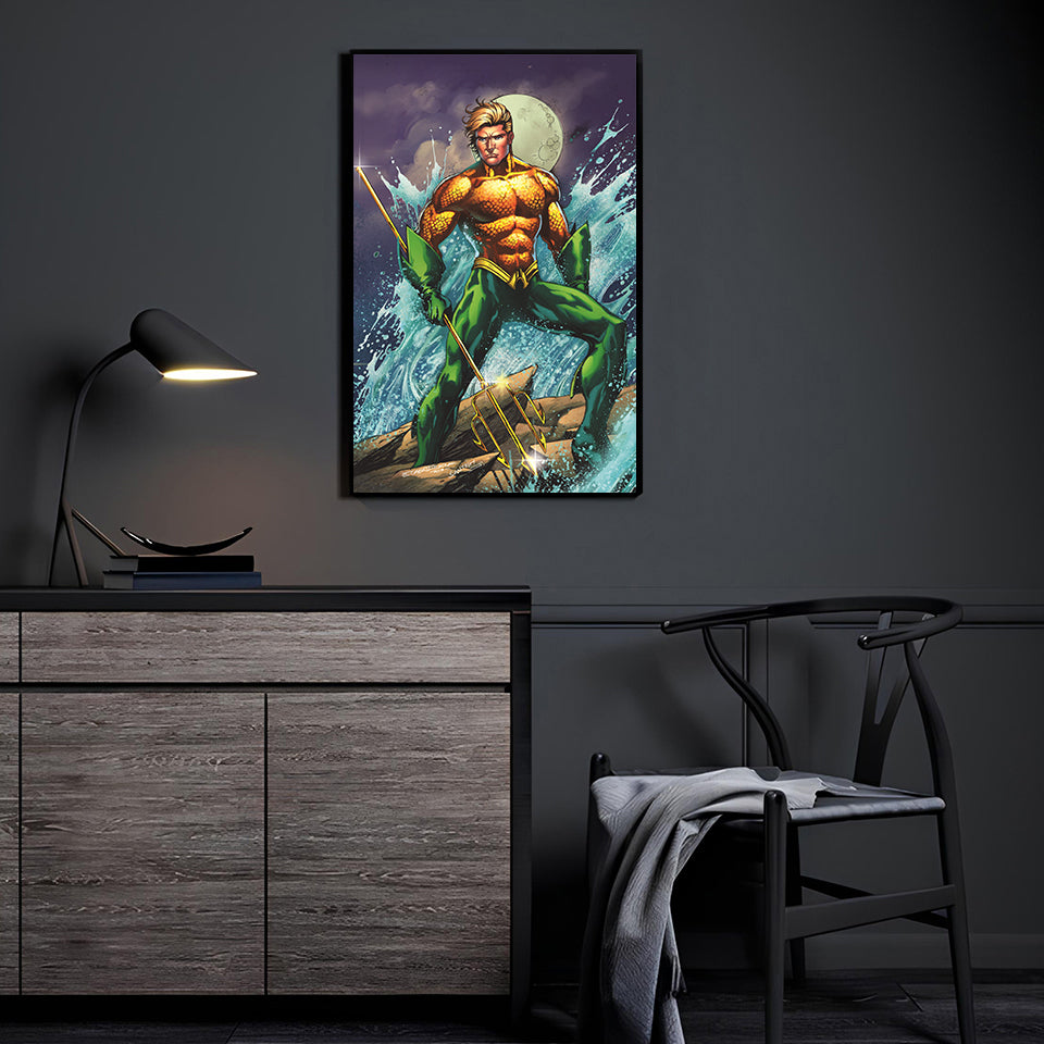 Aquaman DC Comics fan art by Emil Cabaltierra with colors by Santosh Pillewar; ocean battle stance with trident.
