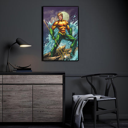 Aquaman DC Comics fan art by Emil Cabaltierra with colors by Santosh Pillewar; ocean battle stance with trident.