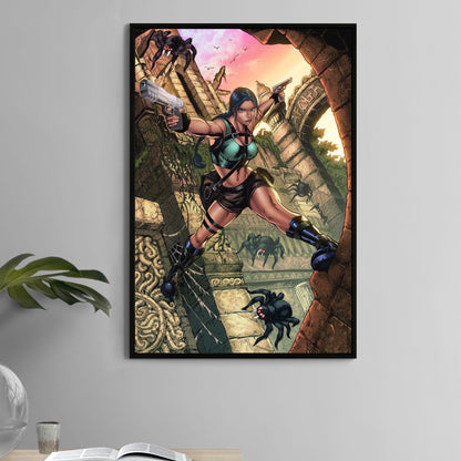 Lara Croft Tomb Shadows, poster print with spiders in ruins, premium wall art.