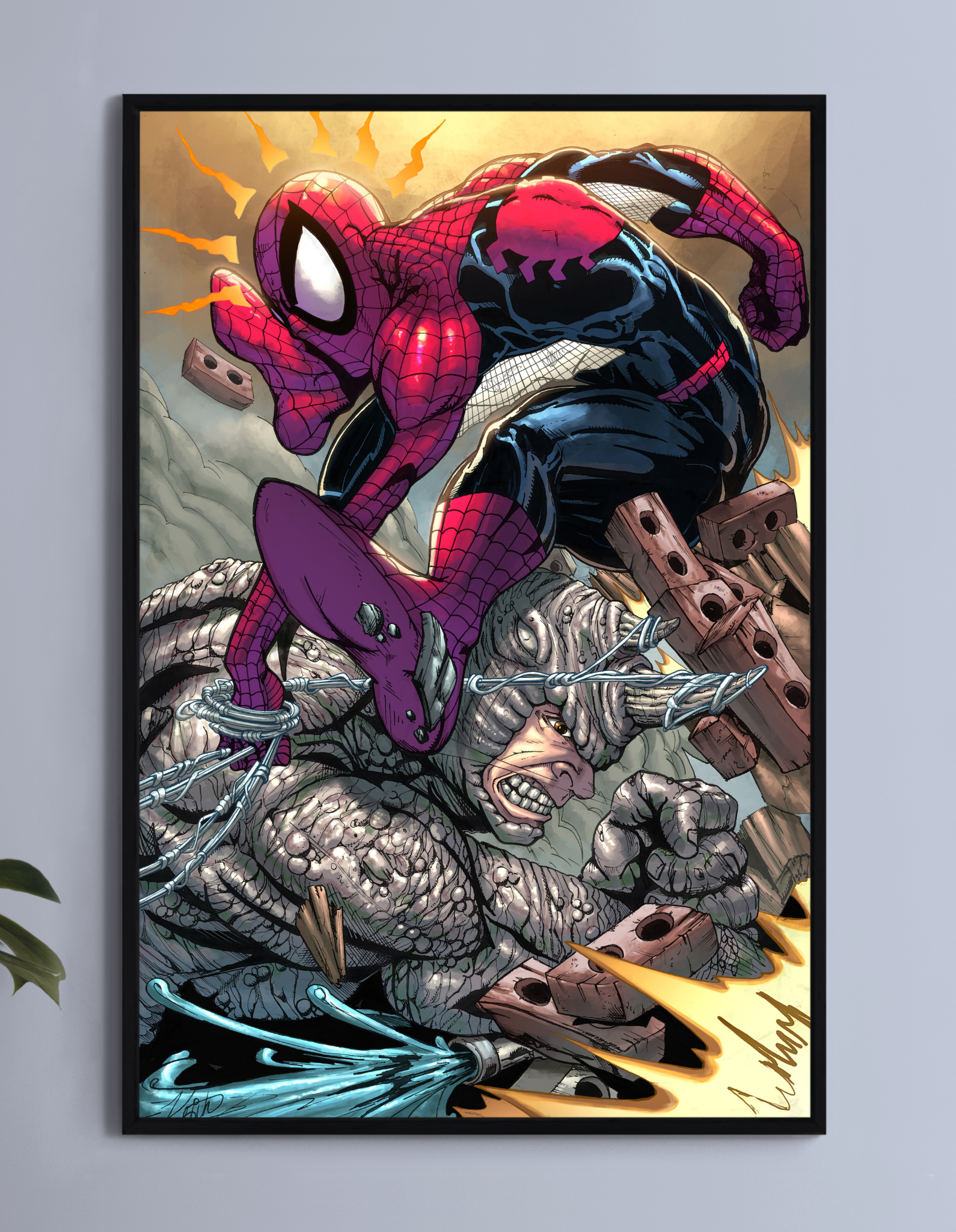 Web-Slam Showdown Poster — Spider-Man vs Rhino, artwork by Keith Curtis, colors by Nestor Redulla Jr.; vivid, high-detail poster.