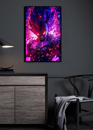 Anime power-themed wall art displayed in a modern room setting, dramatic lighting and energy effects enhance collector display