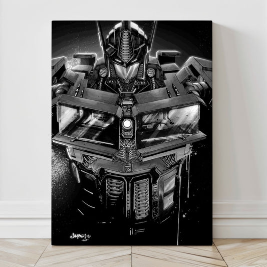 Large 24x36 grayscale canvas artwork of Optimus Prime close-up
