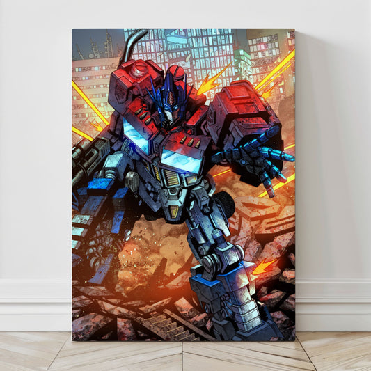 24x36 canvas of Autobot leader Optimus Prime bursting through rubble