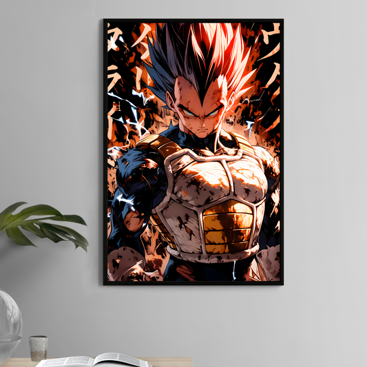Vegeta 11x17 anime print with battle-damaged armor and lightning aura – Snapping Turtle Gallery
