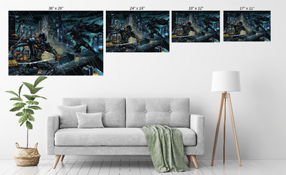 print of Batman battling Deathstroke on Gotham rooftop