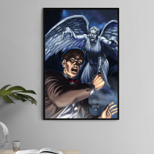Alt Text: Poster print of the Doctor facing a Weeping Angel with fear, holding a sonic screwdriver, artwork by Ryan Pasibe