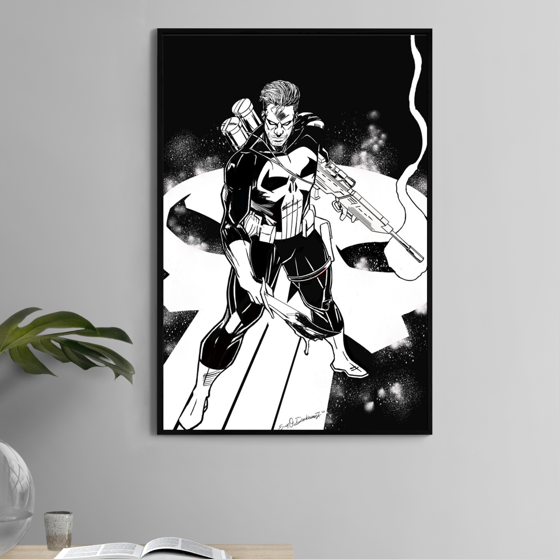 Alt Text: Black and white Punisher comic art print by Ernest Dickinson – 11x17 photo print – Snapping Turtle Gallery

