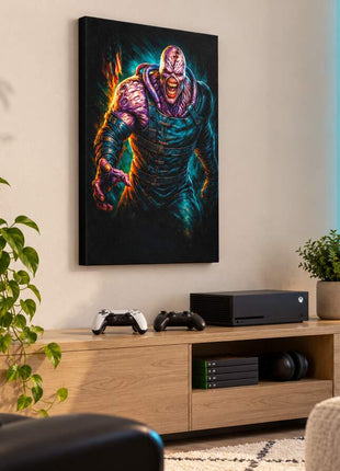Pursuer Unleashed Nemesis canvas wall art in a cozy gaming lounge
