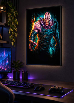 Pursuer Unleashed Nemesis LED lightbox wall art glowing in a dark gaming room