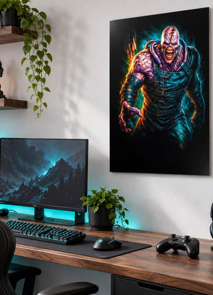 Pursuer Unleashed Nemesis metal wall art above a modern gaming desk