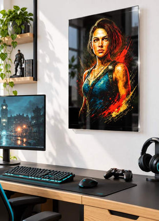 Raccoon City Last Stand Jill Valentine acrylic wall art in a bright gaming office
