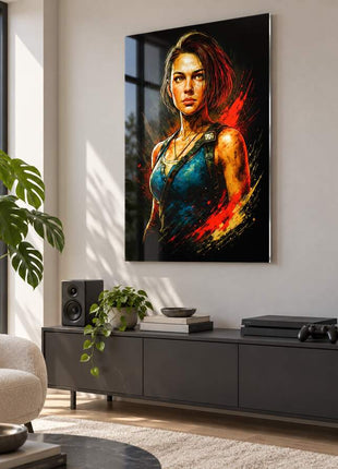 Raccoon City Last Stand Jill Valentine acrylic wall art in a modern media lounge