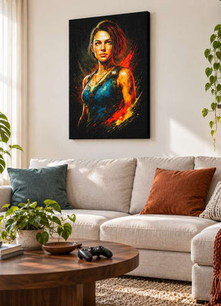 Raccoon City Last Stand Jill Valentine canvas wall art in a cozy gaming lounge