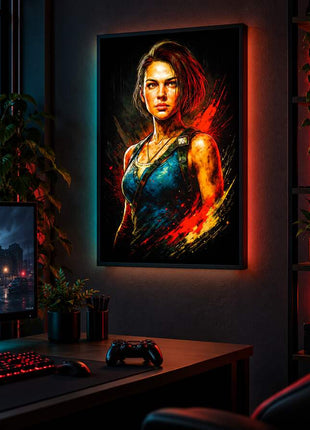 Raccoon City Last Stand Jill Valentine LED lightbox wall art glowing in a dark gaming room