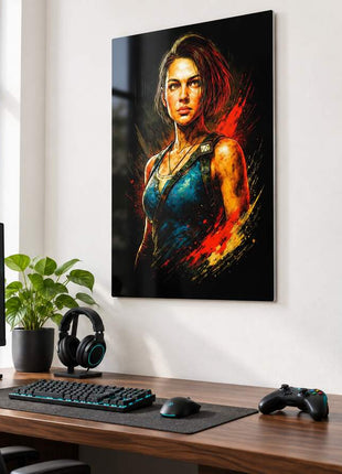 Raccoon City Last Stand Jill Valentine metal wall art above a modern gaming desk