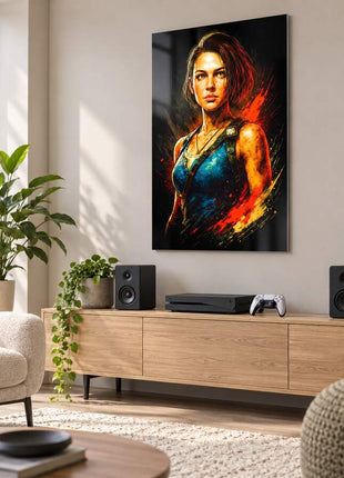 Raccoon City Last Stand Jill Valentine metal wall art in a bright media room