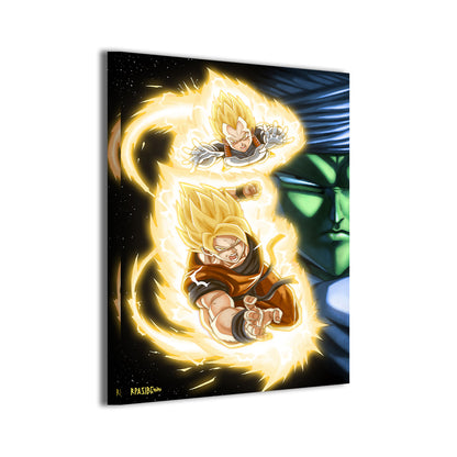 24x36 canvas print of Goku and Vegeta surrounded by yellow aura with green-lit Piccolo behind them