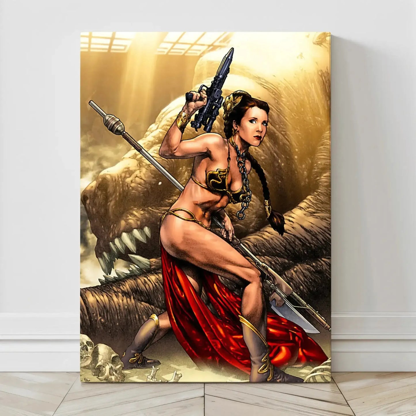 Canvas artwork of Princess Leia holding blaster and spear over defeated Rancor in comic style