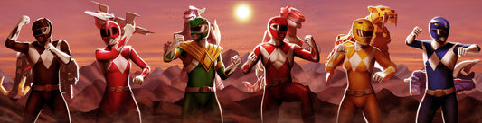 Canvas wall art of classic Power Rangers squad with Zords in background