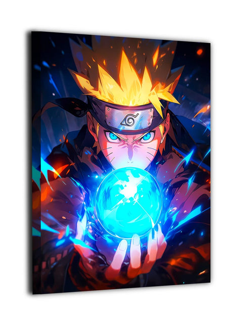 Naruto Uzumaki focusing above a glowing cyan Rasengan, with blue eyes and the Leaf Village forehead protector