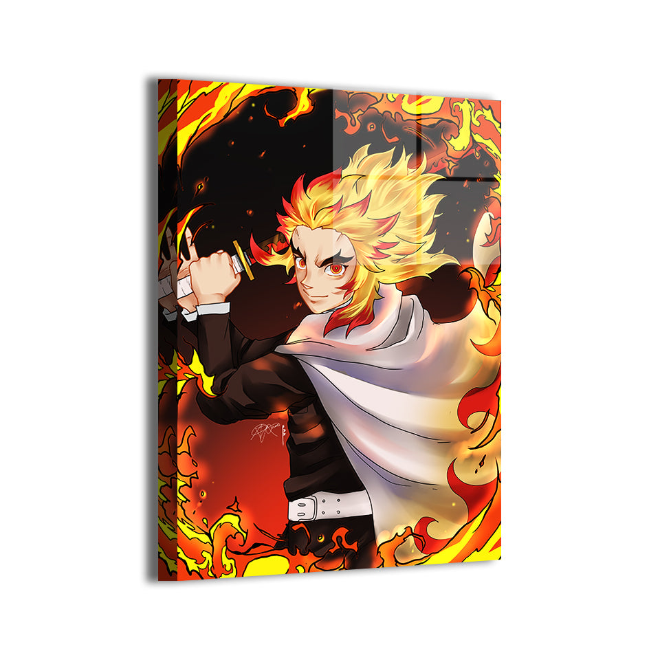 Flame Pillar Resolve Metal Print — Rengoku Kyojuro (Demon Slayer), artwork by Emmanuel; modern sheen, ready to hang.