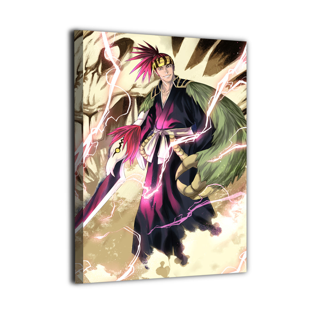 Bleach Renji canvas wall art featuring the Soul Reaper warrior with distinctive tattoos, wild hair, and dynamic lightning-like energy