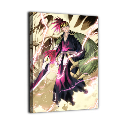 Bleach Renji canvas wall art featuring the Soul Reaper warrior with distinctive tattoos, wild hair, and dynamic lightning-like energy