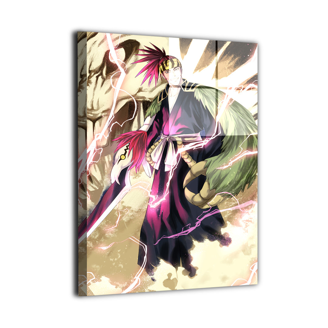 Metal wall art featuring Renji from Bleach in a powerful pose, highlighting zanpakuto detail, bold textures, and dramatic anime energy