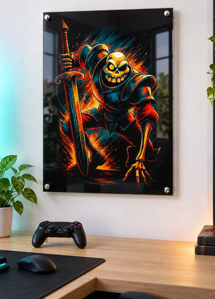 Resurrected Knight's Charge Sir Daniel Fortesque acrylic wall art in a bright gaming office