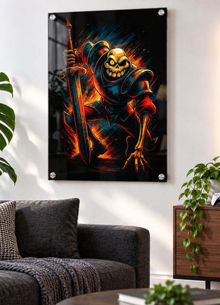 Resurrected Knight's Charge Sir Daniel Fortesque acrylic wall art in a modern media lounge