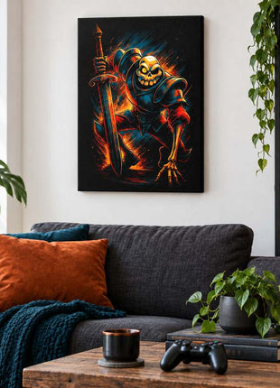 Resurrected Knight's Charge Sir Daniel Fortesque canvas wall art in a cozy gaming lounge