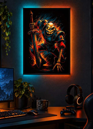 Resurrected Knight's Charge Sir Daniel Fortesque LED lightbox wall art glowing in a dark gaming room
