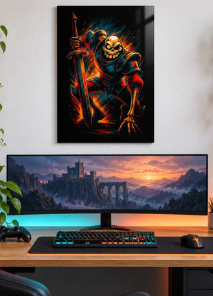 Resurrected Knight's Charge Sir Daniel Fortesque metal wall art above a modern gaming desk