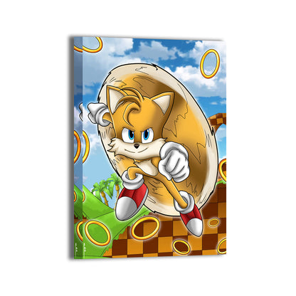 Canvas—two-tailed hero in mid-dash with floating rings and bright sky; art by Emmanuel Centeno.