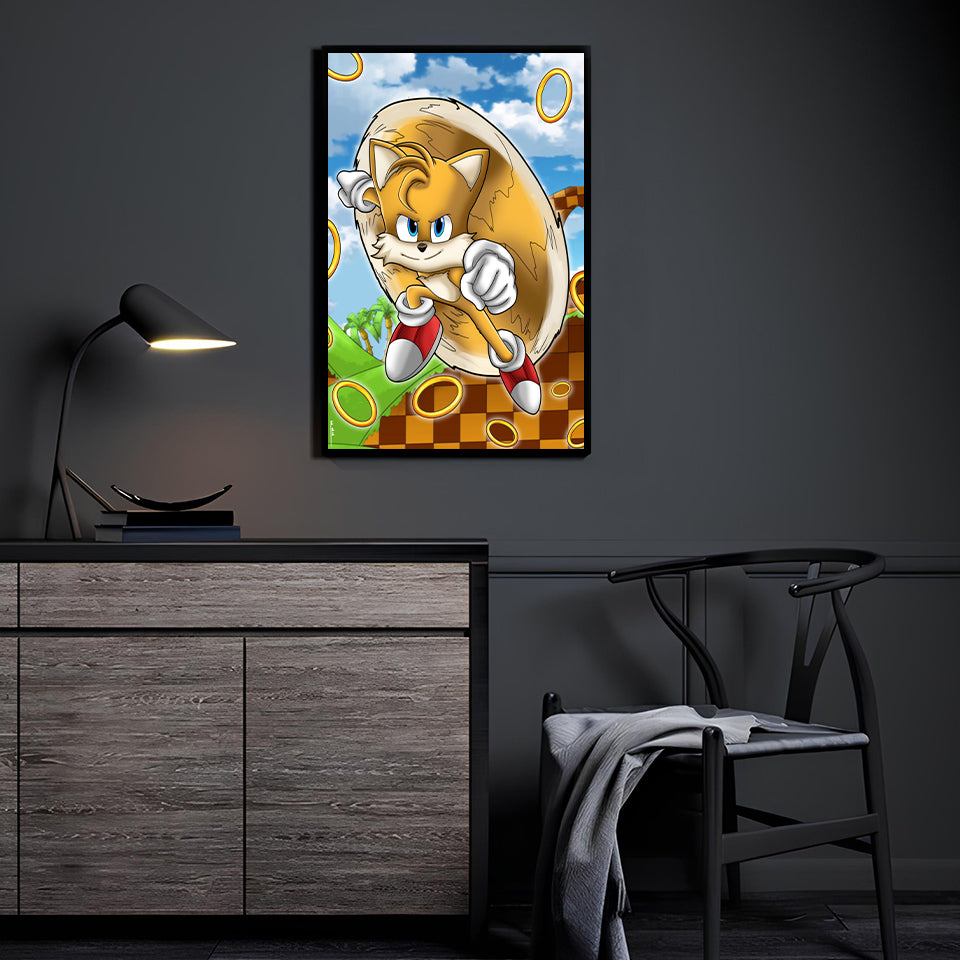 Tails-inspired twin-tailed fox bursting through a golden ring over checkerboard hills; artwork by Emmanuel Centeno.