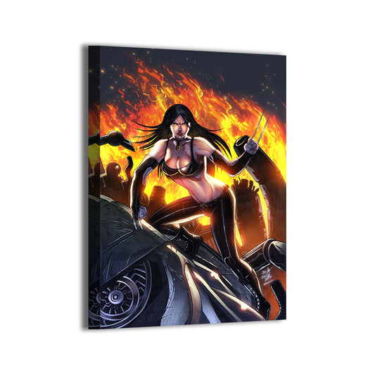 Rising Claw Fury wall art canvas showcasing a powerful battle stance atop wreckage with blazing fire and dramatic motion, printed on stretched canvas and ready to hang from Snapping Turtle Gallery