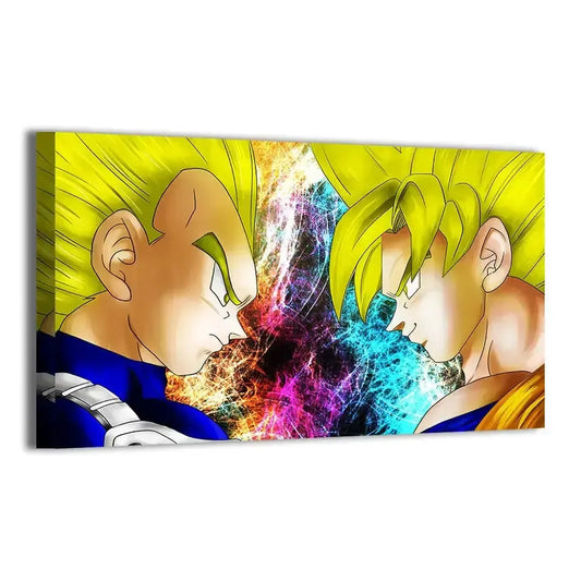 24x36 canvas print of classic Goku vs. Vegeta Super Saiyan showdown with explosive background colors
