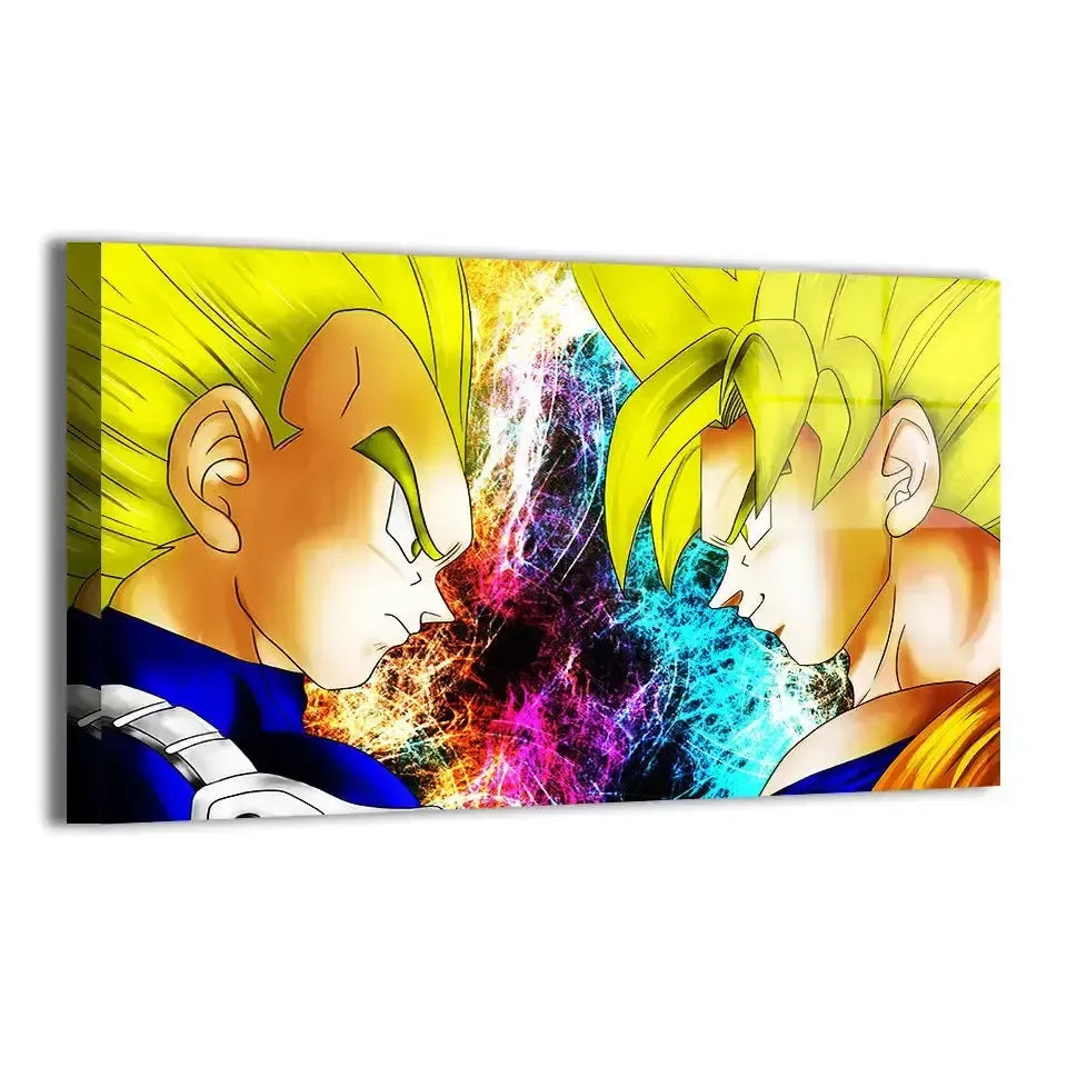 24x36 gloss metal print of iconic Super Saiyan Goku vs. Vegeta moment with multicolor power explosion