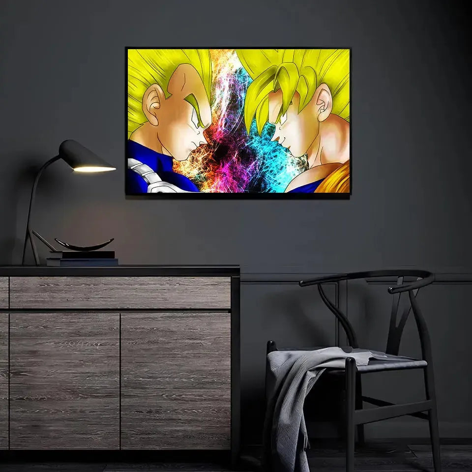 11x17 photo print of Super Saiyan Goku and Vegeta facing off with colorful energy background