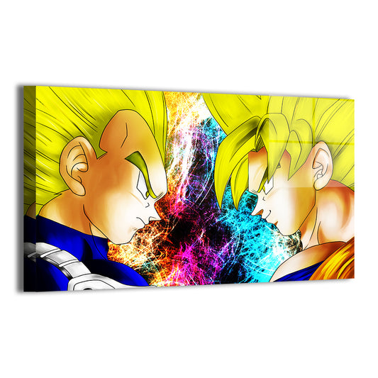 24x36 gloss metal print of iconic Super Saiyan Goku vs. Vegeta moment with multicolor power explosion