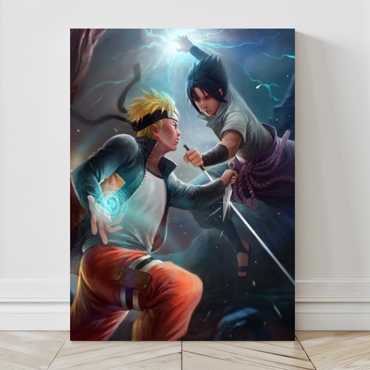 Canvas print featuring Naruto and Sasuke fighting in an explosive anime scene

