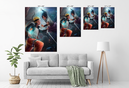 Size Chart Canvas print featuring Naruto and Sasuke fighting in an explosive anime scene

