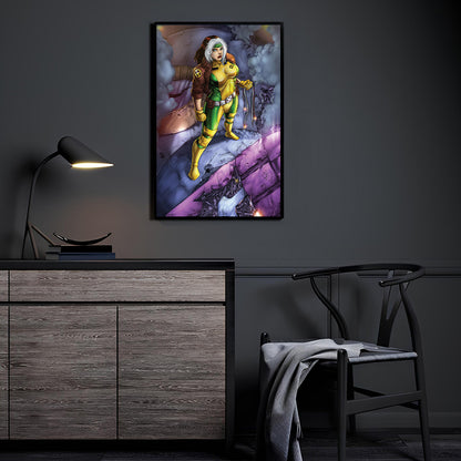 Rogue X-Men Marvel Wall Art Poster 24x36 – heroic pose above wreckage with smoke and leather jacket, perfect for Marvel fans and collectors