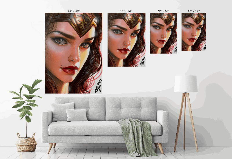 Amazon’s Resolve — Wonder Woman DC portrait by Aurelio Rigoni displayed in a modern room.