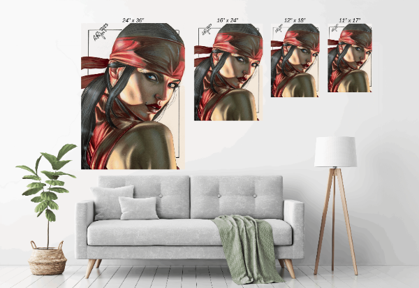 Silent Assassin — Elektra Marvel portrait by Aurelio Rigoni displayed in a modern room.