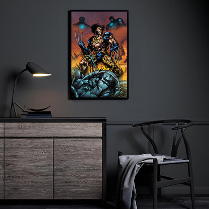 Adamantium Fury Room Mockup — Wolverine over fallen Sentinels, artwork by Emil Cabaltierra, colors by Santosh Pillewar displayed in a modern room.