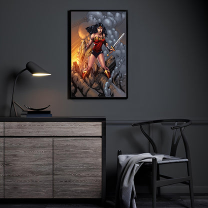 Aegis of Themyscira Room Mockup — Wonder Woman by Emma J. Jones with colors by Nestor Redulla Jr., displayed in a modern room.