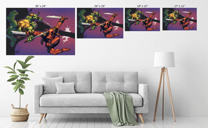 Leonardo vs Deadpool Blades of Mayhem artwork by Lim S. displayed in modern room mockup.
