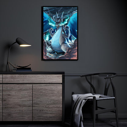 Blazing Evolution Room Mockup — Mega Charizard X from Pokémon, artwork by Ray Dash displayed in a modern room.
